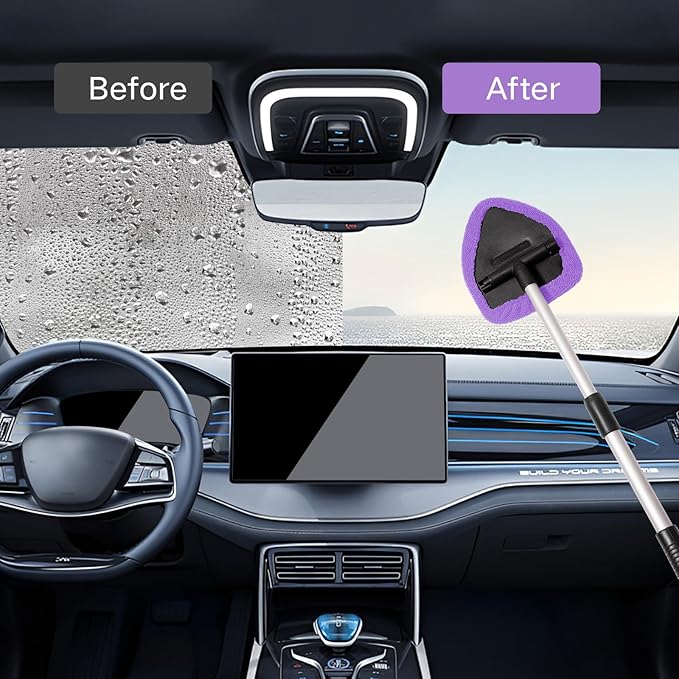 10pcs Windshield Cleaner Tool, Car Window Cleaning Wash Kit with 4 Reusable Microfiber Pads 1 Spray Bottle and Extendable Handle Auto Glass Wiper Kit, Purple