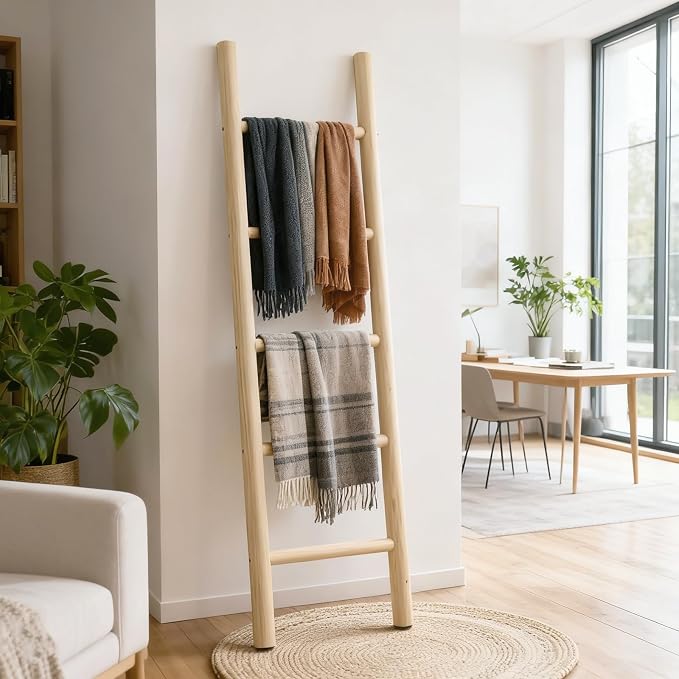 Wooden Blanket Ladder Natural & Motley Wood - Leaning Wall Decor for Bedroom, Bathroom, Living Room - Rustic Quilt Holder & Towel Rack (Light Wood Color, 57in | Fully Assembled)
