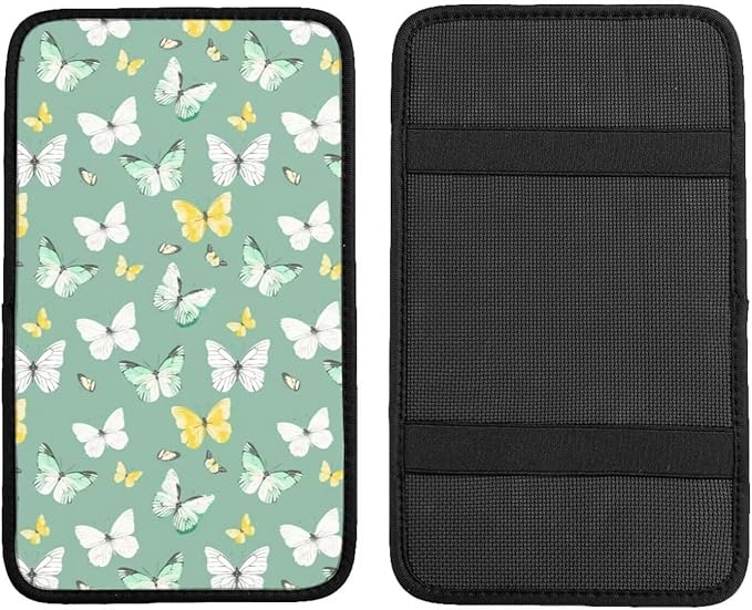 Butterflies Car Center Console Armrest Cover Sage Green Butterfly Polyester Fabric Armrest Lid Cushion Pad, Anti-Scratch Car Center Seat Box Covers Protector