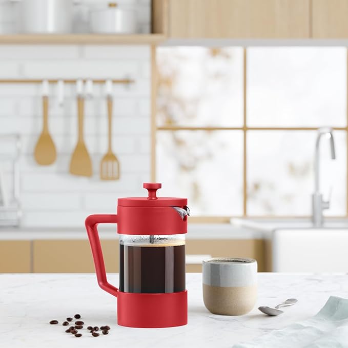 Oggi Borosilicate Glass French Press Coffee Maker (20oz)- 5 Cup Capacity, Coffee Press, Single Serve Coffee Maker, Stainless Steel Lid & Plunger, Make Great Coffee Gifts, Red
