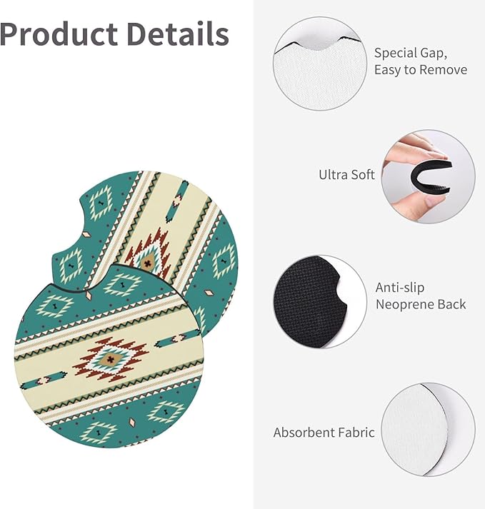 Rustic Western Aztec Steering Wheel Cover for Women Men with 2 Pcs Car Coasters, 15 Inches Neoprene Anti-Slip Cute Universal Car Accessories Protective Cover for Vehicle
