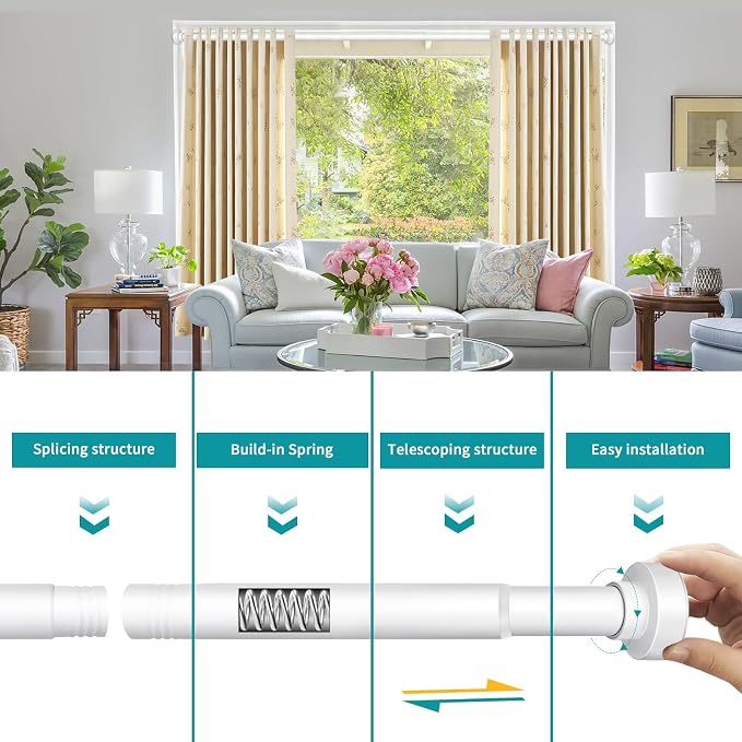 YNL Tension Shower Curtain Rod 34-96 Inches（2.8-8ft) Adjustable Spring Shower Rod No Drilling, Non-Slip, Never Rust, Stainless Steel, Suitable for Bathroom Window Kitchen,White