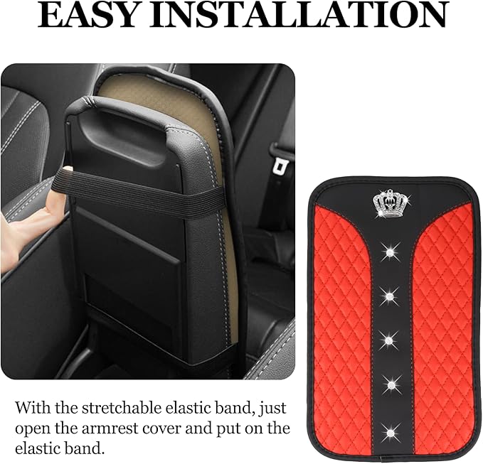 Bling Crown Car Center Console Cover, 12.7"×7.7" Armrest Cover for Cars, Waterproof Leather Arm Rest Box Pad Cushion, Universal Middle Console Cover Protector, Car Accessories (Red)