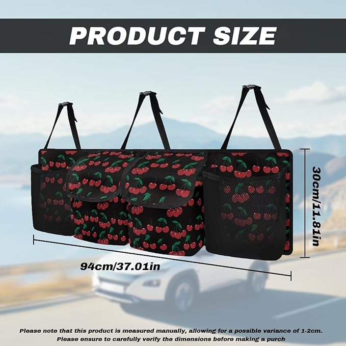 Cherry Car Trunk Organizer, Large Capacity Backseat Trunk Organizer with 4 Pocket, Backseat Hanging Car Storage Organizer Foldable Cargo Storage with Adjustable Straps Universal