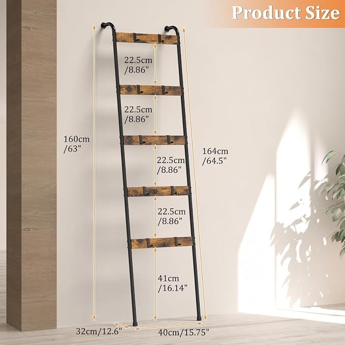 Blanket Ladder for Living Room Towel Ladder for Bathroom Decorative Quilt Rack for Home Decor 5-Tier Throw Blanket Holder with 10 Hooks, Rustic Brown and Black