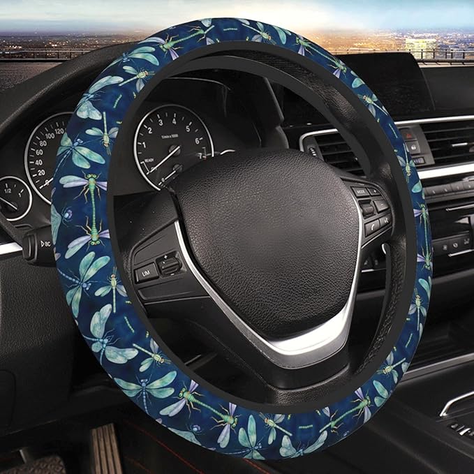 Watercolour Beautiful Dragonfly Insect Neoprene Steering Wheel Covers Women Men Car Accessories, Universal 15 Inch Fit Auto, Suvs, Truck