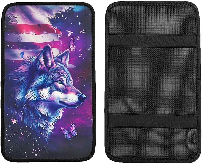 Universal Car Center Console Cushion Pad, Purple Wolf Flag Soft Waterproof Car Center Console Cover Auto Armrest Seat Box Cover Protector for Most Vehicle SUV Truck Car