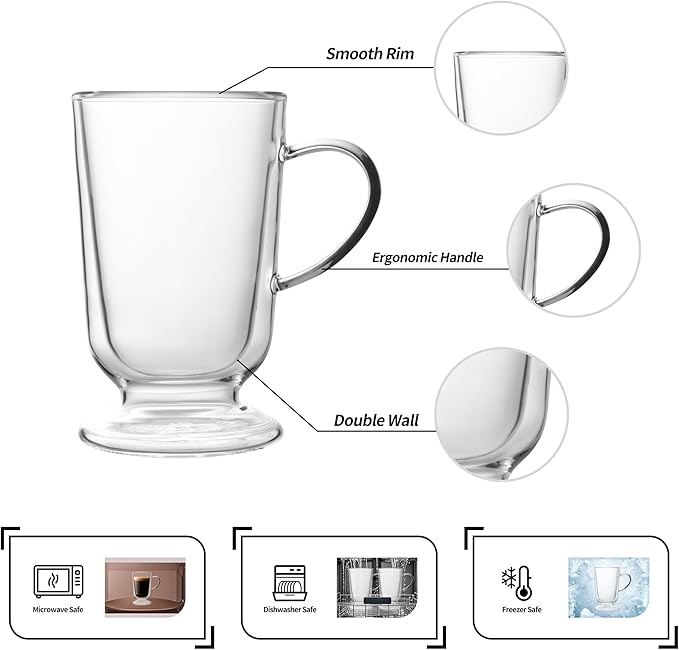 NIRA.Z 12.5 OZ Double Walled Glass Coffee Mugs with Handle Set of 2 Clear Insulated Irish Coffee Cups Hand Blown Glass Cups for Hot Cold Beverages, Cappuccino, Latte, Tea, Espresso, Juice, Americano