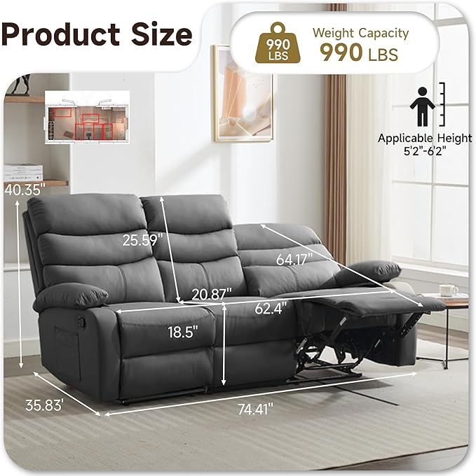 3 Seater Recliner Sofa Set, Anti-Scratch Reclining Loveseat Sofa & Couch for Living Room, RV, Home Theater Apartment(Grey, 3 Seater Sofa)