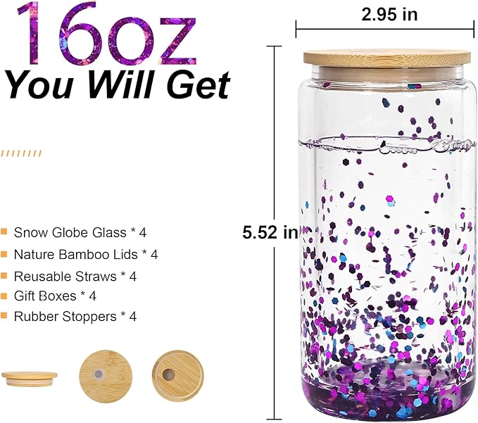 AGH 4 Pack Snow Globe Tumbler 16 oz Sublimation Snow Globe Glass Tumbler with Pre Drilled Hole Double Wall Snowglobe Glass Cups for Snow Globe Glitter DIY