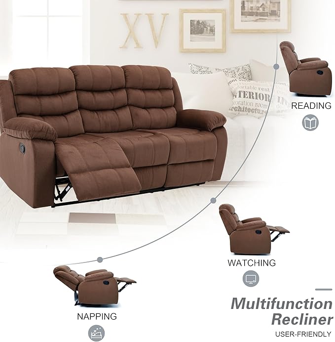 Reclining Sofa Set 3 Seater Couch Recliner, Velvet Wall Hugger Recliner Sofas for Living Room, RV, Home Theater Seating(Brown, 3 Seater Sofa)