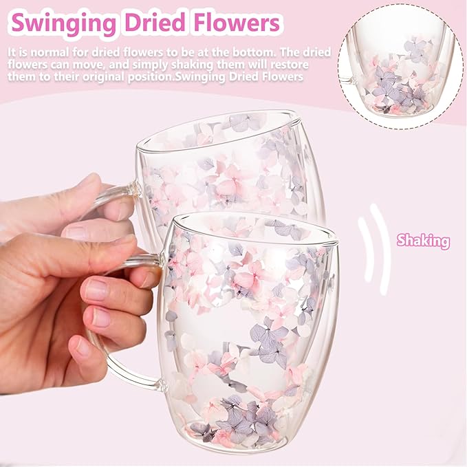 Gifts for Women Dried Flowers Double Wall Glass Coffee Mugs Cute Glass Tea Cups with Handles Christmas Birthday Gifts for Best Friend Teacher Mum Gift New Home Gift Ideas Autumn Mug Home Decor