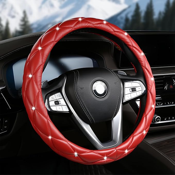 Diamond Leather Steering Wheel Cover Women, Girly Bling Steering Wheel Cover, Sparkly Non-Slip Soft, 15 Inch Interior Accessories for Women Girls Vehicle, Red