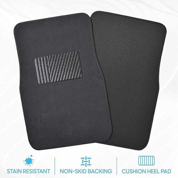 BDK Premium Charcoal Carpet Floor Mats for Cars - Universal Fit Interior 4-Piece Car Mats Full Set with Vinyl Heel Pad Protector - Cute Car Accessories Interior Floor Covers for SUVs & Trucks