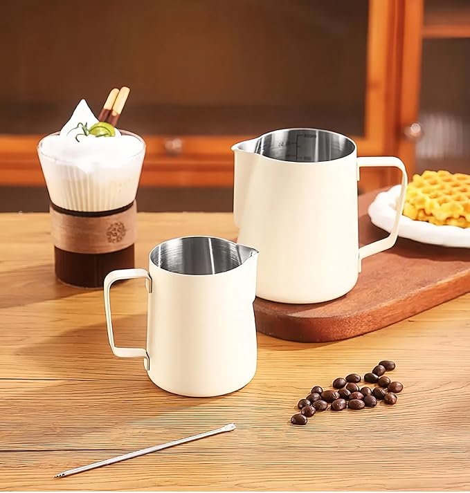 Milk Frothing Pitcher,(350ml/12oz) Steaming Pitchers,Stainless Steel Milk Cup,Cappuccino Latte Art Coffee,Barista Steam Pitchers,Temperament White
