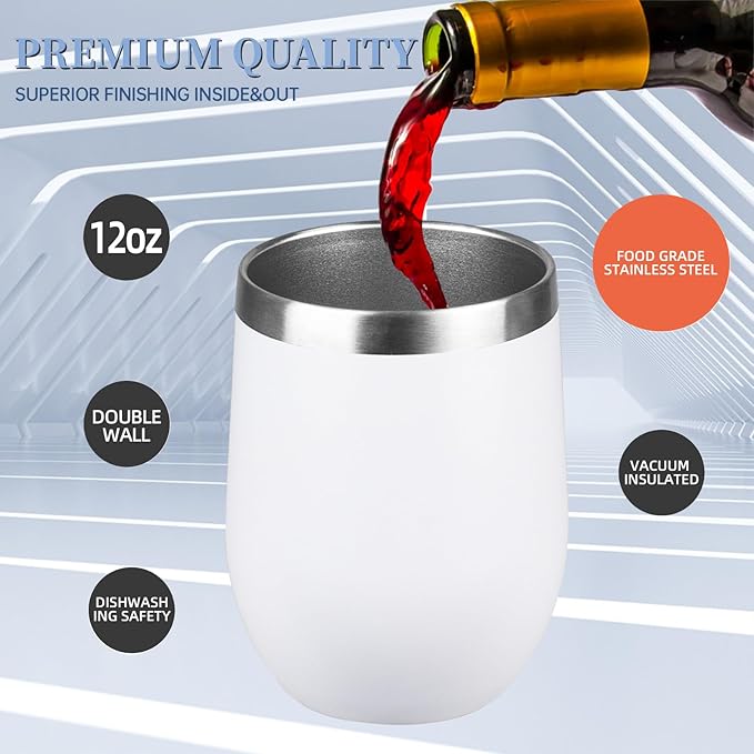 12oz/4 Pack Wine Tumbler with lid, Stainless Steel Travel Mugs Stemless Double Wall Insulated Coffee Cup, Insulated Wine Glasses Travel Tumbler for Cold & Hot Drinks(White,4)