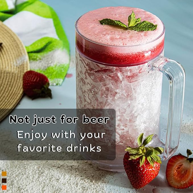 Beer Mugs For Freezer, Double Wall Insulated Plastic Glasses – Freezer Mugs, 16 oz – Perfect Frozen Beer Mugs for Home Bar Accessories, Gifts for Men, 2 Pack
