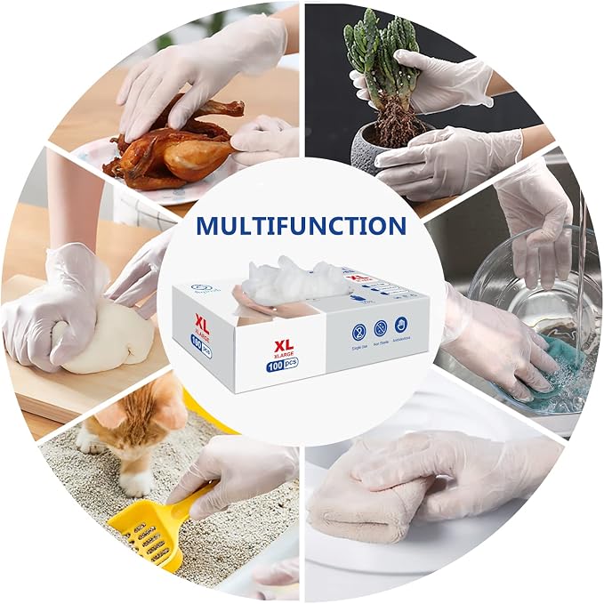 squish Disposable Gloves,Clear Vinyl Gloves Latex Free Powder-Free Glove Cleaning Health Gloves for Kitchen Cooking Cleaning Food Handling, 100PCS/Box, X-Large