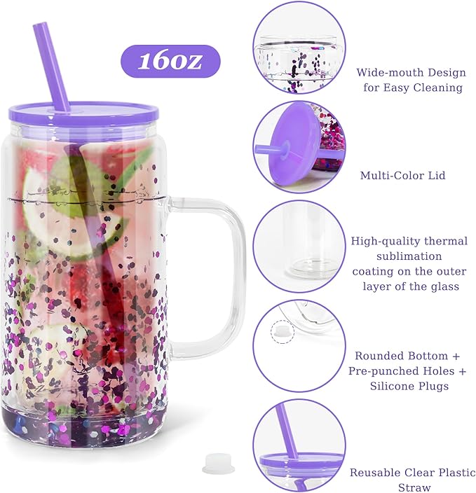 16oz Sublimation Snowglobe Cups with Handle, 4 Pack Pre-Drilled Sublimation Glass Cup with Lid and Straw, Double Wall Glass Coffee Mug, Snowglobe Cup Gifts for Snow Globe DIY Glitter, Colored Lids