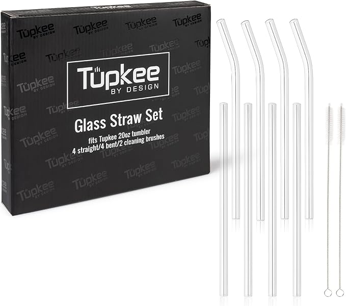 Tupkee Reusable Glass Straws - 8 Pack Clear Glass Drinking Straws 20-Ounce Double Wall Glass Travel Tumbler – Includes 4 Straight and 4 Bend 9” x 1cm Glass Straws with 3 Cleaning Brushes