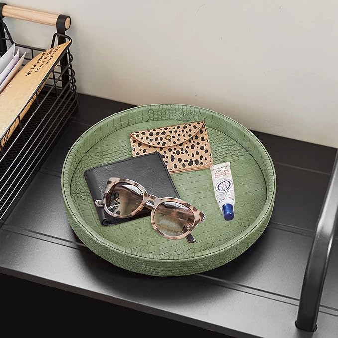 HofferRuffer Faux Leather Round Serving Tray, Vegan Croco Leather Decorative Food Tray for Storage Drinks, Snack & Cosmetics, Dia.12'' x 1.6'' (Light Green)