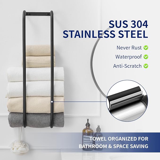 BWE Towel Racks for Bathroom Wall Mounted, Bathroom Towel Storage for Rolled Towels, Stainless Steel Vertical Towel Holder, Bathroom Organizer Black