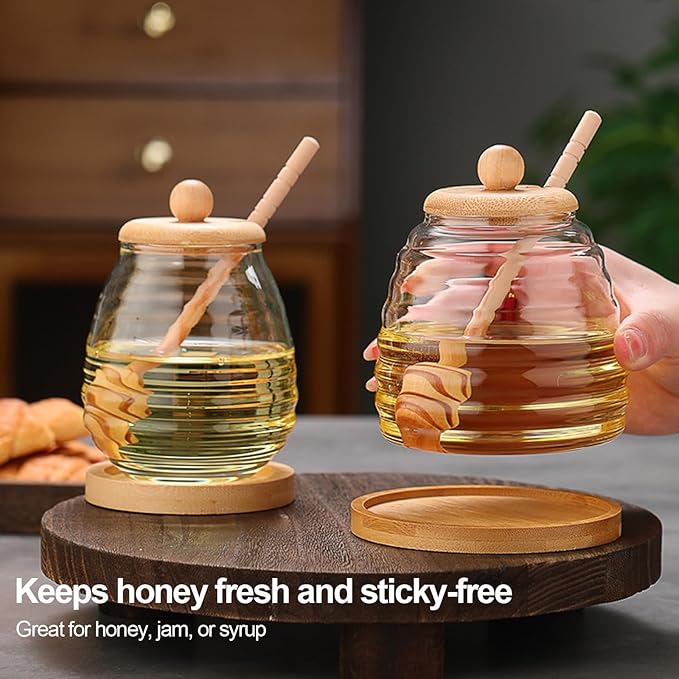 QUUPY 16.7Oz Glass Honey Jar with Dipper and Bamboo Lid Wide Mouth Syrup Containers Dispensers for Coffee Bar Home Kitchen Organization