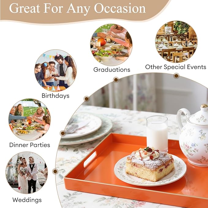 Zosenley Decorative Tray, Rectangular Plastic Tray with Handles, Modern Vanity Tray and Serving Tray for Bathroom, Kitchen, Ottoman and Coffee Table, 15.6” x 10.2” (Orange)