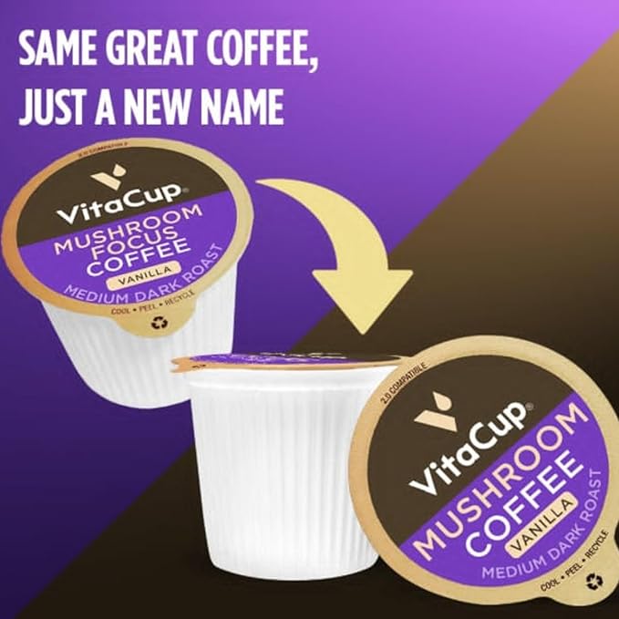 VitaCup Mushroom Coffee Pods, Vanilla Flavored Coffee with Chaga, Lion’s Mane, Vitamins, Medium Dark Roast Arabica Beans, Single Serve Pods Compatible with Keurig K-Cup Brewers, 32 Ct