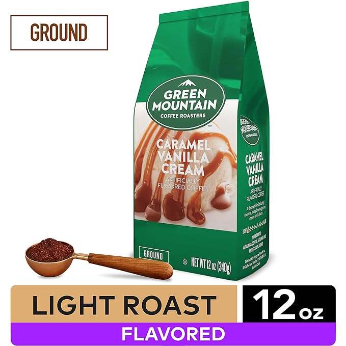 Green Mountain Coffee Roasters, Caramel Vanilla Cream, Ground Flavored Coffee, Light Roast, Bagged 12oz.