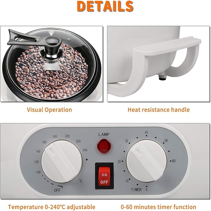 ERICAT Home Coffee Roaster, 800 W Upgrade Coffee Roaster Machine with Clear Glass Cover, 0-240℃ Adjustable Temperature and 750g Coffee Capacity, 60 Minute Intelligent Timeing, for Home and Kitchen