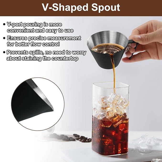 2Pcs Espresso Cups with Handle, WCHOSOZH 3.4OZ Espresso Accessories, Stainless Steel Spout Measuring Cup with Scale, Espresso Pouring Cup with V-Shaped Mouth (V-Deep Mouth - Black)