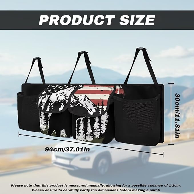 American Flag Bear Car Trunk Organizer, Large Capacity Auto Backseat Hanging Organizer, Thick Backseat Storage Bag with 2 Pockets, 2 Mesh Pockets, Car Trunk Tidy Storage Bag with Lids