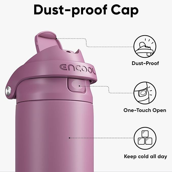 ENCOOL Leakproof Insulated Water Bottle with Straw Dual-Sip Water Bottle Bag-Safe Design for Work, Commute & Gym – Keeps Drinks Cold All Day, 24 oz, Mountbatten Pink