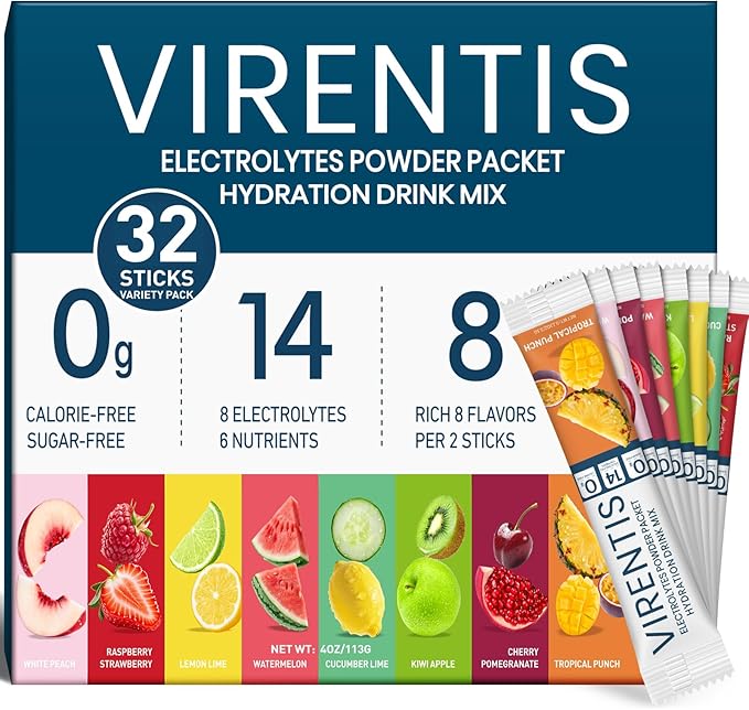 32 Sticks Electrolytes Powder Packets Sugar Free Hydration Packets, 8 Flavors Liquid Daily IV Electrolyte Drink Mix for Rehydration with 8 Electrolytes & 6 Vitamins, 0 Calorie, Low Sodium