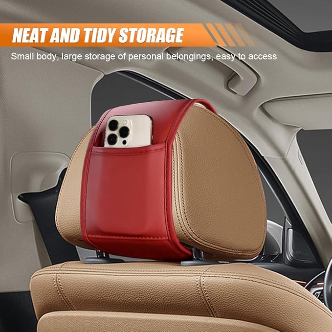 2PCS Car Headrest Covers for Back Seat, Leather Dirt-Proof Car Seat Head Rest Protector with Pocket, All Season Universal Auto Interior Decoration Headrest Organizer for Phone, Key (Wine Red)