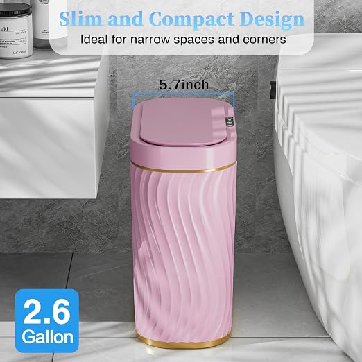 steo spce Bathroom Small Trash Can with Automatic Touchless Lid, 2.6 Gallon Smart Garbage Can Narrow Waterproof Trash Bin for Bedroom, Office, Living Room (Gold Pink)