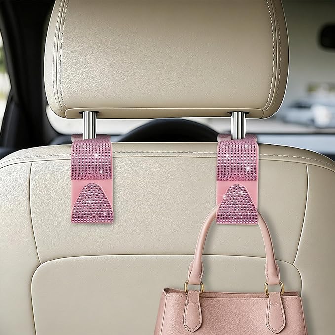 HZEL Bling Car Seat Headrest Hooks, 4PCS Crystal Rhinestone Vehicle Seat Back Hanger Holder for Purses Bag Handbags, Diamond Headrest Storage Organizer, Universal Auto Accessories (Pink)
