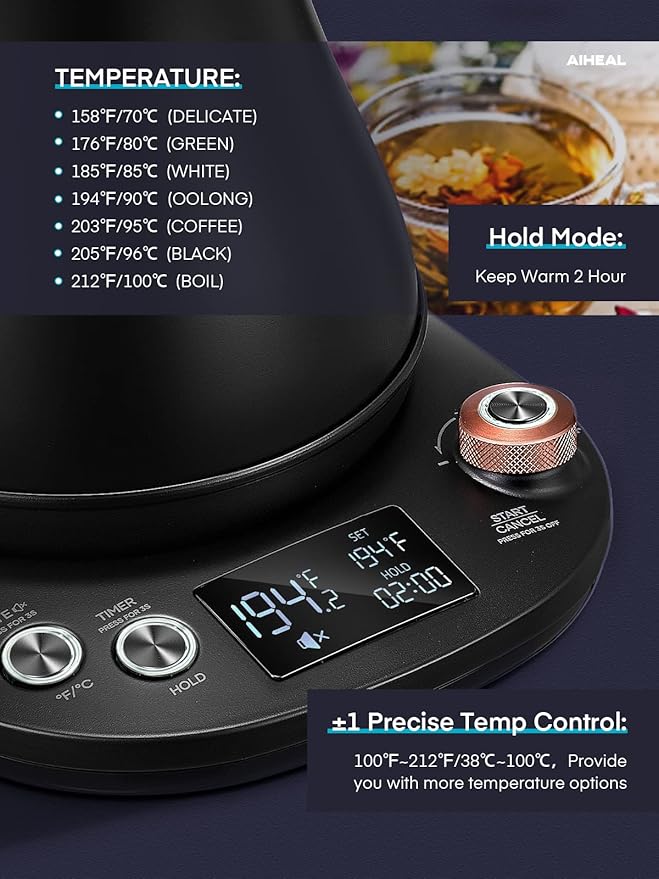 Electric Gooseneck Kettle Temperature Control, Pour Over Electric Kettle for Coffee and Tea, 100% Stainless Steel Inner, 1200W Rapid Heating, 0.8L, Built-in Stopwatch, Matte Black