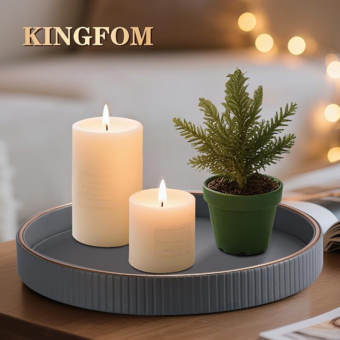 KINGFOM Round Decorative Tray, PU Leather Vanity Tray Organizer with Gold Trim for Dresser, Coffee Table & Bathroom Counter, Modern Home Decor Jewelry & Perfume Tray for Men Women (Gray)