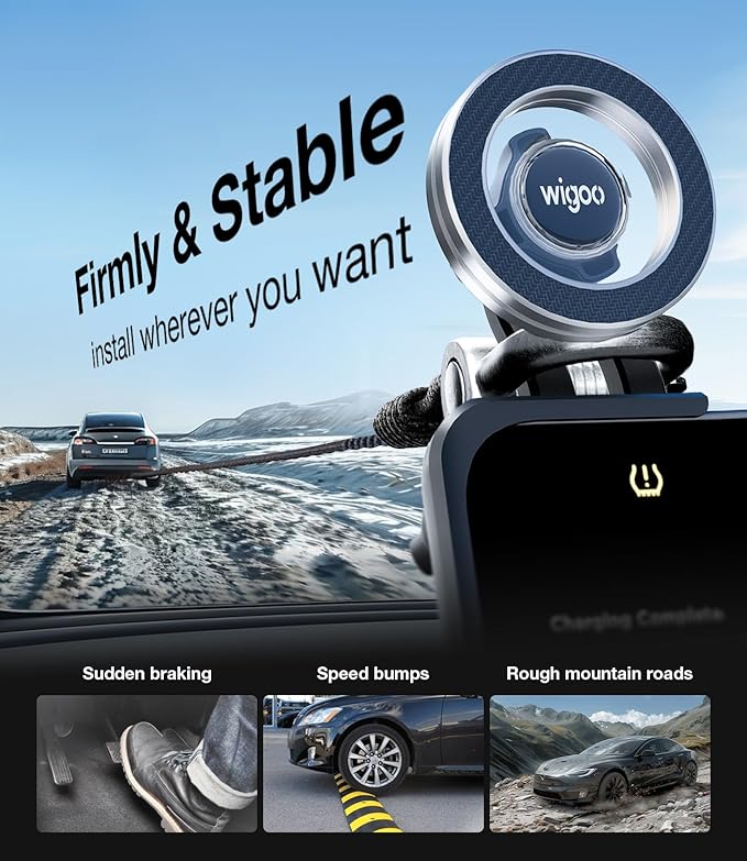 Wigoo Tesla Phone Mount for Tesla【Strongest Magnetic Power, No Blocking View】 Screen Phone Holder, Tesla Model 3/Y/X/S Accessories Fits for All iPhone & Android Phones with Magnetic Ring