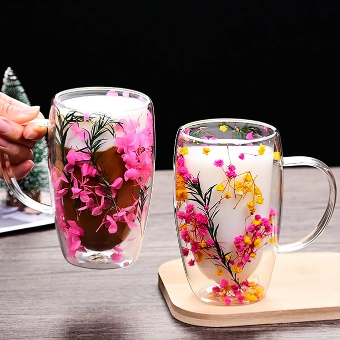15.22oz, Double Wall Borosilicate Glass Coffee Mug with Heat-Resistant Handle, Insulated Flower Tea Cup, Multi-Color Options (yellow,15.22oz)
