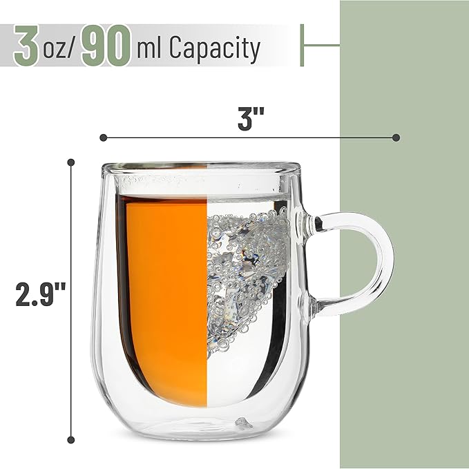 Brew To A Tea Glass Espresso Cups, Set of 4, 3 oz (90 ml), Double Wall, Insulated, Clear