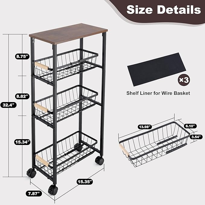 Narrow Rolling Cart with Wheels, 4-Tier Slim Metal Storage Cart with Pull-Out Baskets, 7.87 Inch Width Small Laundry Room Organizer Cart, Space-Saving for Kitchen, Bathroom