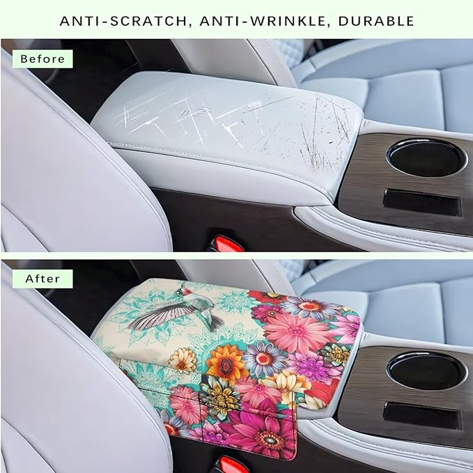 Dreaweet Boho Hummingbird Arm Rest Cover for Car Women Thick Center Console Armrest Pad with Pockets Auto Car Car Center Console Cushion Pad