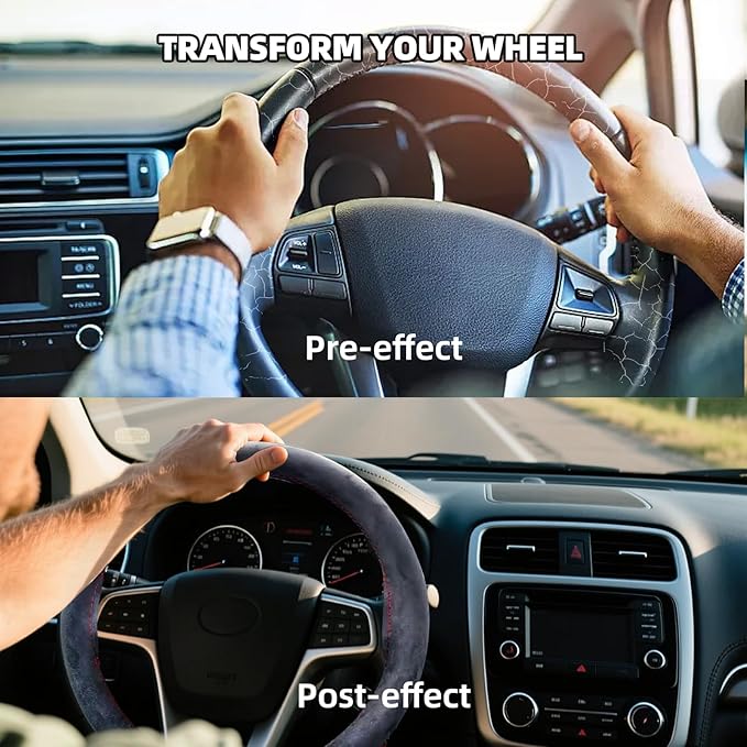 Suede Leather Steering Wheel Cover Wrap Kit - DIY Stitch-On for 17-18" Wheels, Superior Sweat Absorption & Non-Slip Grip, Comfortable & Durable Year-Round Upgrade