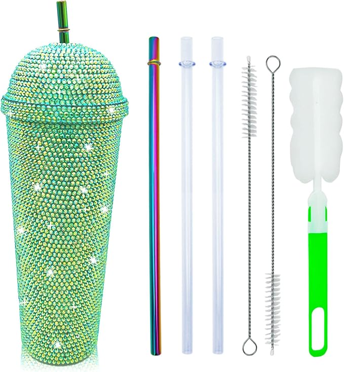 24oz Bling Cup Handmade Rhinestones Studded Tumbler Double Wall Insulated Plastic Reusable Water Bottle with Lid and Straws for Home Office Party Beach(Light Green)