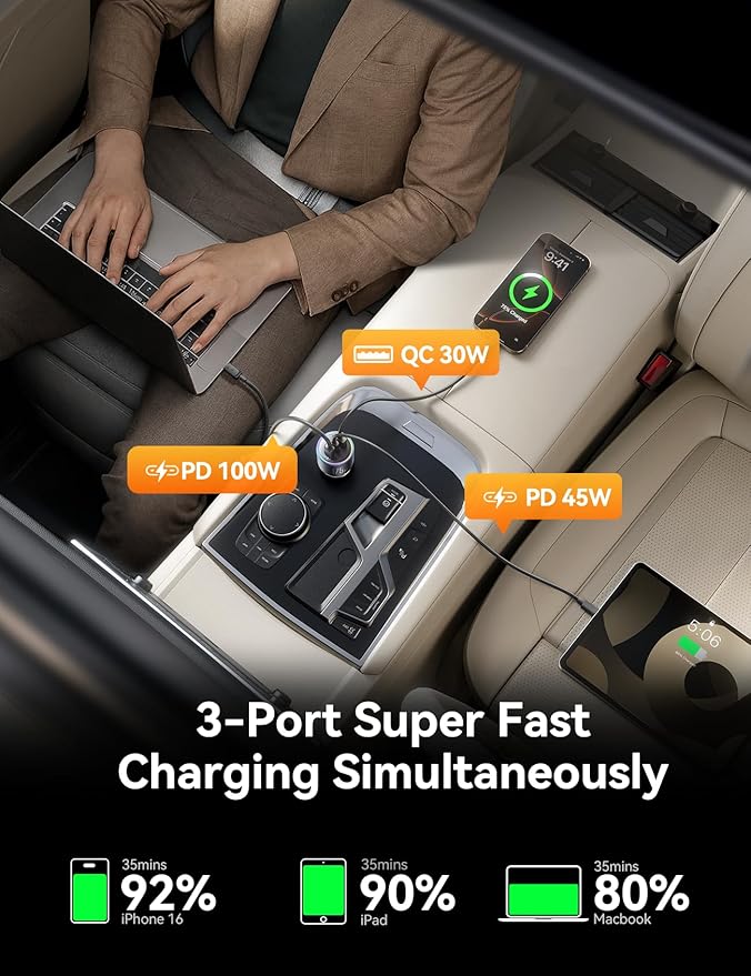 JOYROOM 175W Car Charger USB C Fast Charge, 3-Port Type C Super Fast Car Charger for iPhone 17 with USBC Cable, Cigarette Lighter Adapter for iPhone 17/16/15 Pro Max, Laptop, iPad, Samsung S25/S24/23
