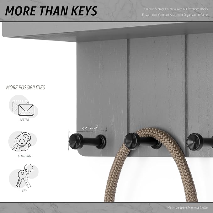 Rebee Vision Small Key Holder Wall Mount - Decorative Key and Mail Holder for Wall with Shelf and 4 Hooks for Aesthetic Room Decor - Modern Apartment Essentials for Home Decor (Light Gray)