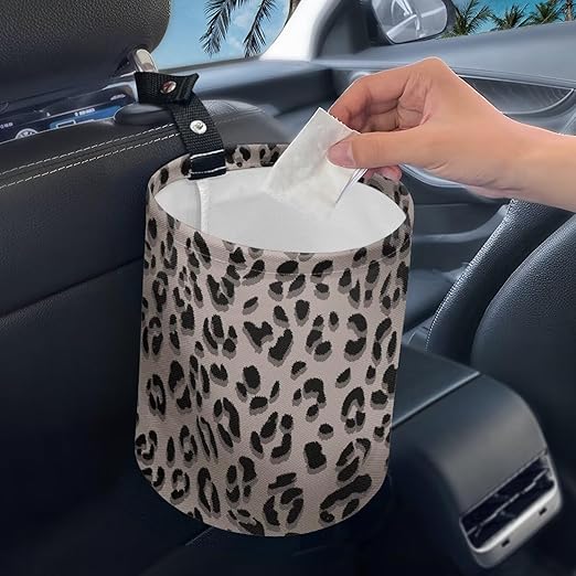 Leopard Print Trash Can for Car Car Garbage Can for Back Seat Leak Proof with Adjustable Buttons Car Accessories for Women Interior